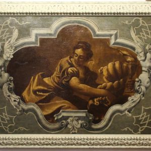 Dipinto olio su tela raffigurante scena allegorica simboleggiante la fertilità, la prosperità e la passione, evidenziate dalla cornucopia e dalla fiamma nelle mani della donna.